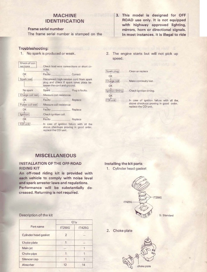 1980 Yamaha IT250 IT 250 Service Manual