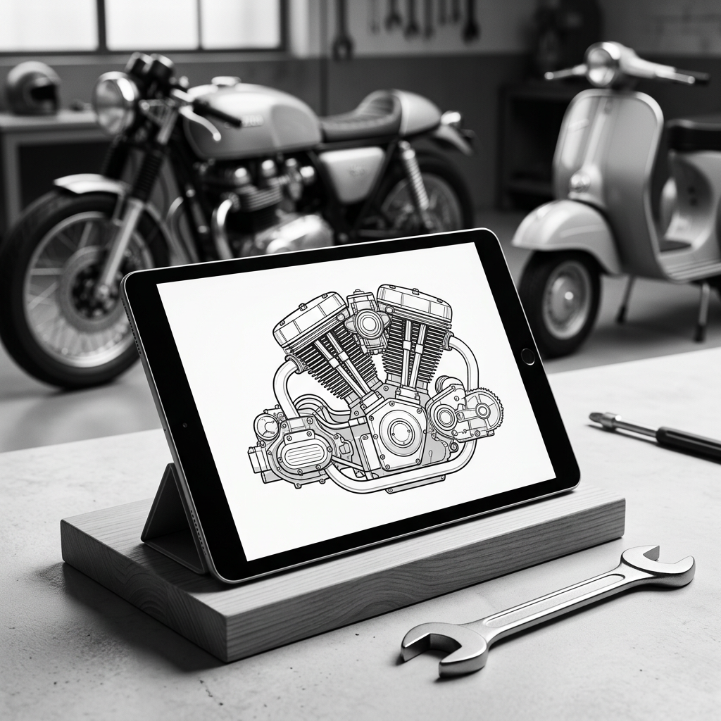 Monochrome workshop scene with a tablet displaying a motorcycle engine diagram.