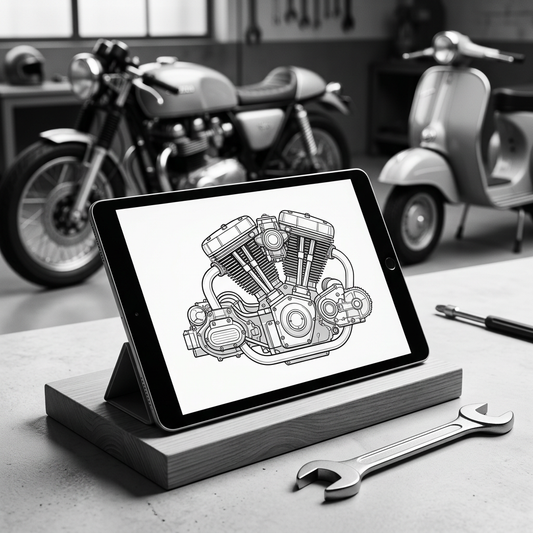 Monochrome workshop scene with a tablet displaying a motorcycle engine diagram.