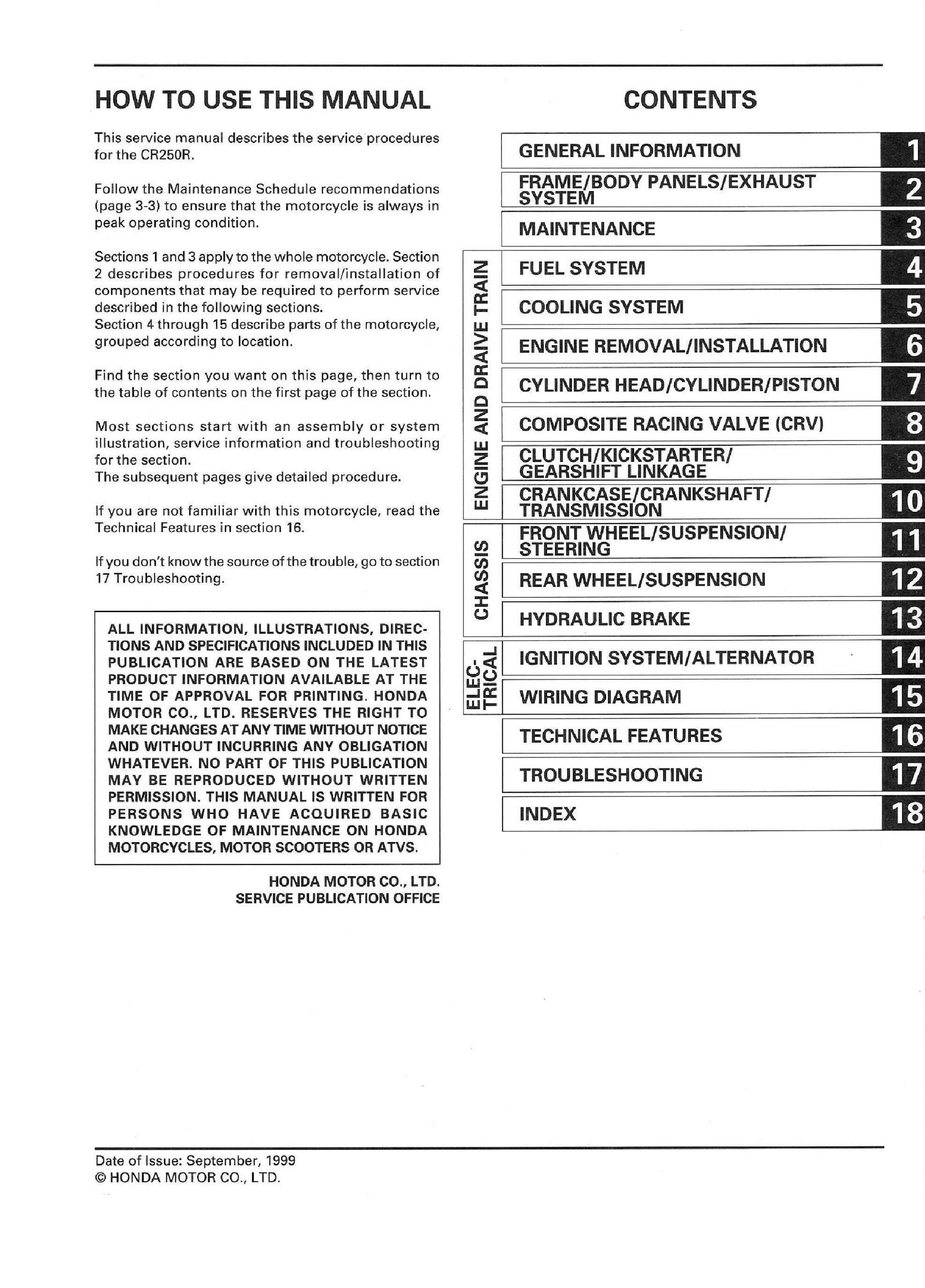 2000-2001 Honda CR250 CR250R Motocross Service Manual